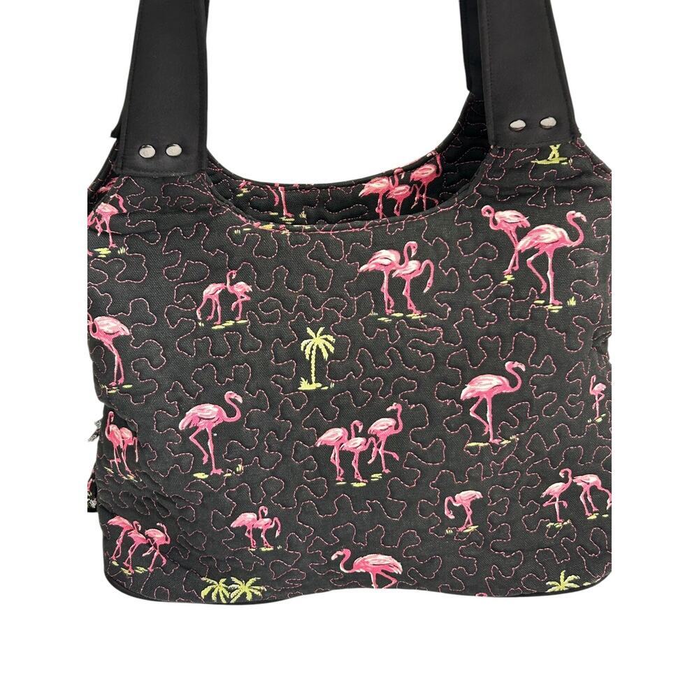 Donna Sharp Quilted Handbag Black Pink Flamingo All Over Print Tote Shoulder Bag